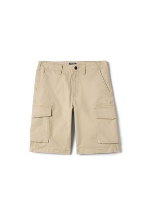 Pantalones cortos cargo beige con bolsillos laterales con solapa, bolsillos delanteros inclinados, trabillas para cinturón y cierre con botón en la cintura.