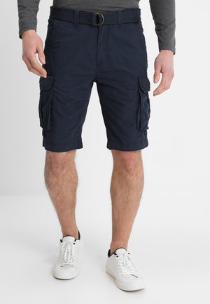 Shorts cargo bleu marine avec ceinture, dotés de deux poches latérales et deux poches sur les jambes. Confectionnés en tissu léger, ils présentent une finition texturée.