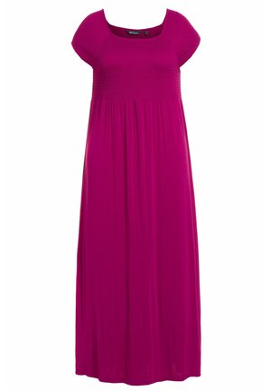 Fuchsia Maxikleid mit kurzen Ärmeln, einem gerafften Oberteil und einem fließenden Rock. Hergestellt aus leichtem Material, zeichnet es sich durch eine durchgehende einfarbige Gestaltung aus.
