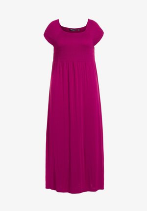 Fuchsiové maxi šaty s krátkým rukávem, nařaseným živůtkem a splývavou sukní. Vyrobené z lehkého materiálu, mají jednotnou barvu po celém povrchu.