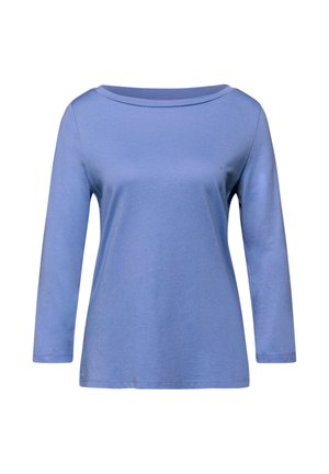 Fioletowa bluzka z długim rękawem, z dekoltem typu łódka, o gładkim wzorze i luźnym kroju, przedstawiona na białym tle.