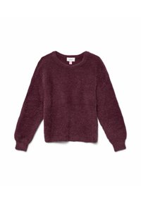 Maglione bordeaux in maglia con finitura strutturata, maniche lunghe, scollo rotondo e design leggermente corto. Materiale morbido.