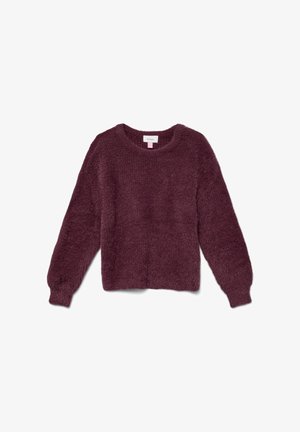 Vino rdeč pleten pulover s teksturirano površino, z dolgimi rokavi, okroglim izrezom in rahlo skrajšanim dizajnom. Mehak material.