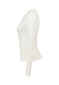 Long-sleeve white top, made of ribbed fabric, featuring a rounded neckline and fitted silhouette, with seamless cuffs at the wrists.