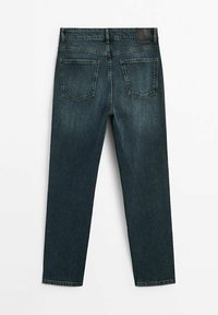 Dark blue denim jeans with a slim fit, featuring two back pockets and a black leather patch on the waistband. Smooth texture.