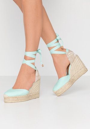 Mintgrønne kanvas kilehæle med vævede stråsåler og krydsbånd ved anklen. Glat og struktureret detaljering bagpå.