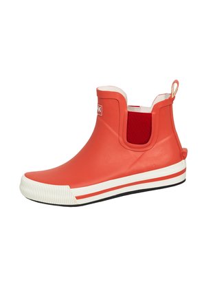 Red rubber ankle boot with a white striped sole, textured toe cap, elastic side panels, and a pull tab at the back for easy wear.