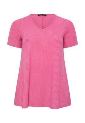 Roze geribd kort shirt met V-hals en uitlopende zoom, gemaakt van een lichtgewicht gebreide stof.