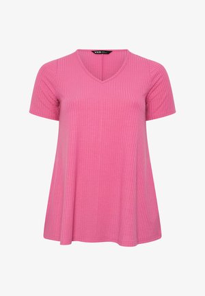 Roze geribd kort shirt met V-hals en uitlopende zoom, gemaakt van een lichtgewicht gebreide stof.