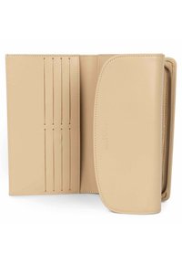 Beige leather wallet with multiple card slots, a smooth texture, rounded edges, and a zippered compartment for secure storage.