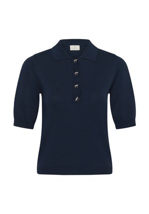 Polo en maille bleu marine à manches courtes avec un col et quatre petits boutons argentés en forme de nœud papillon sur le devant.