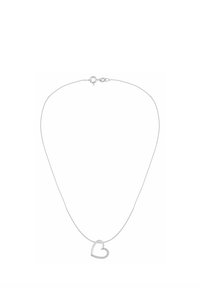 Strieborný náhrdelník s retiazkou a príveskom v tvare srdca, ozdobený malými priehľadnými kamienkami po okrajoch. Minimalistický dizajn, hladká textúra.