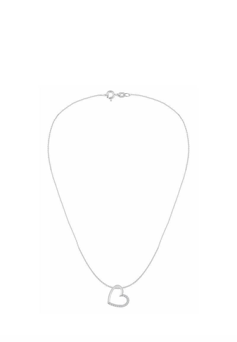Strieborný náhrdelník s retiazkou a príveskom v tvare srdca, ozdobený malými priehľadnými kamienkami po okrajoch. Minimalistický dizajn, hladká textúra.