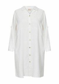 Weißes Leinenhemdkleid mit langen Ärmeln, Knopfleiste, Kragen und zwei Knöpfen an jedem Ärmel. Sanfte Textur und lockere Passform.