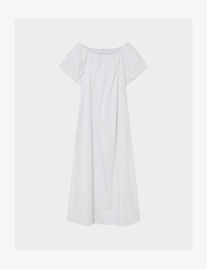 White off-shoulder maxi dress with short puff sleeves and gathered neckline, displayed against a plain light gray background.