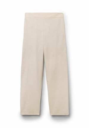 Pantalon beige à jambes larges avec une taille haute, fabriqué en tissu léger, présenté à plat sur un fond blanc.