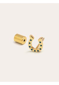 Orecchino a forma di ferro di cavallo in oro con pois blu e retro cilindrico in oro. Texture liscia e finitura lucidata.