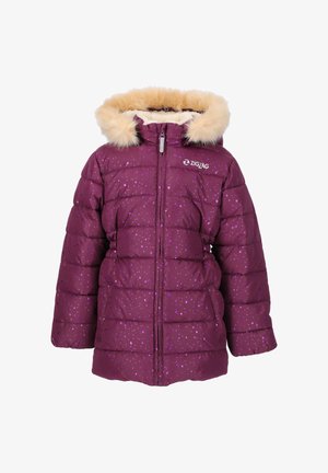 Veste de neige violette pour enfants avec des motifs carrés violets clairs, fermeture éclair sur toute la longueur à l'avant, capuche bordée de fausse fourrure et logo ZigZag sur la poitrine.