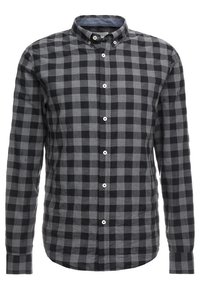 Zwart en grijs geblokt overhemd met lange mouwen, een button-down kraag en knopen aan de voorkant, featuring een gestructureerde stof en een klassieke pasvorm.