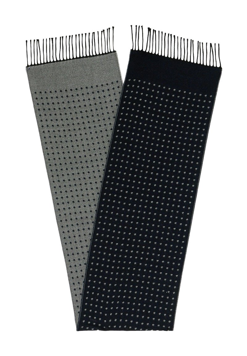 Dwa szaliki: jeden szary z małymi czarnymi kropkami, drugi granatowy z podobnymi kropkami. Oba mają frędzle na końcach i gładką teksturę.