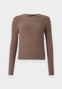 Maglione lungo a maniche ribattute di colore marrone con collo a girocollo e design aderente. Realizzato in materiale morbido, con una finitura testurizzata.