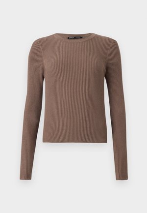 Sweater castanho de manga longa com textura, com um decote redondo e design justo. Feito de material suave, com um acabamento texturizado.