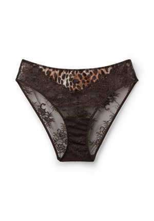 Tanga z krajky a síťoviny v tmavě hnědé barvě, s leopardím potiskem na zadní straně a květinovými krajkovými detaily po stranách.