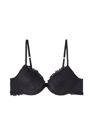 Schwarzes Spitzen-Bralette mit gepolsterten Cups, kunstvoller floraler Spitzenverzierung, verstellbaren Trägern und Hakenverschluss auf der Rückseite. Weicher, strukturierter Stoff.