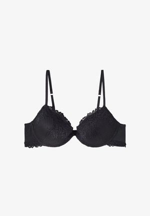 Black lace bralette with padded cups, intricate floral lace trim, adjustable straps, and hook closure at the back. Soft, textured fabric.