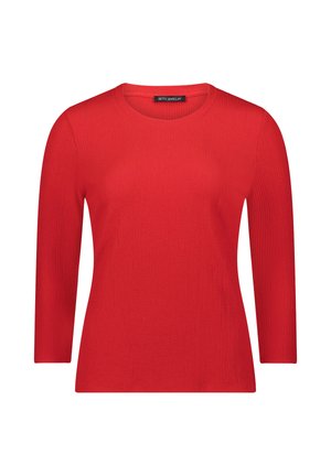 Rood lang mouw shirt met een geribbelde textuur en ronde halslijn. Heeft een aangesloten ontwerp en een merklabel bij de nek.