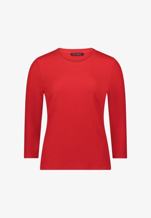 Rood lang mouw shirt met een geribbelde textuur en ronde halslijn. Heeft een aangesloten ontwerp en een merklabel bij de nek.