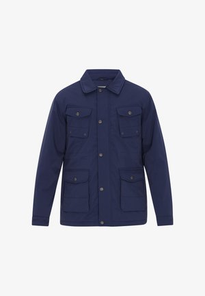 Granatowa kurtka z zapięciem na guziki z przodu, kołnierzem oraz czterema dużymi, przednimi kieszeniami z klapkami na guziki, wykonana z gładkiego, trwałego materiału.
