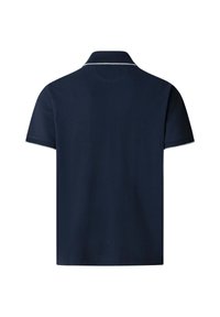 Námornícka modrá polokošeľa s krátkymi rukávmi, s bielym lemovaním na golieri a okrajoch rukávov, zobrazená zozadu na bielom pozadí.