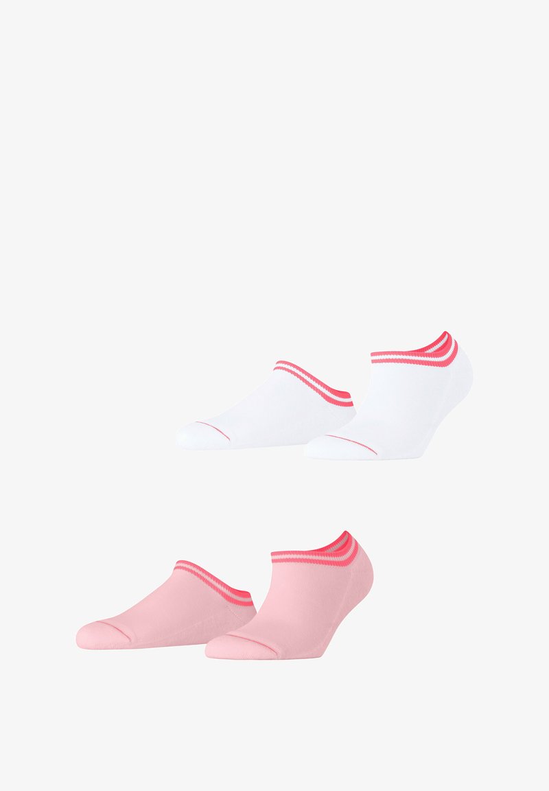 Set aus zwei Paar Knöchelsocken: eine weiße mit pinken Streifen am Bund und eine einfarbige pinke. Beide haben ein niedriges Design.
