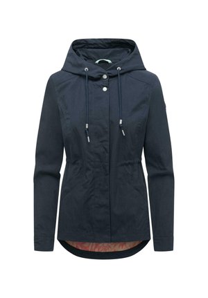 Navyblauer Kapuzenjacke mit vorderen Kordelzügen, Druckknöpfen, langen Ärmeln, Seitentaschen und einem leicht geschwungenen Saum, der eine rosa Blumenfutter innen zeigt.