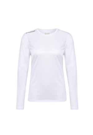 Chemise blanche à manches longues en tissu lisse, dotée d'un col rond et d'accents de logo discrets sur l'épaule. Design simple et ajusté.