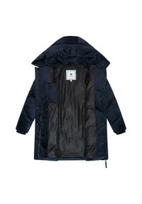 Jūros mėlynumo izoluotas švarkas su gobtuvu, turintis lygų vidinį pamušalą, spaudimo mygtukų užsegimą ir etiketę krūtinės srityje.