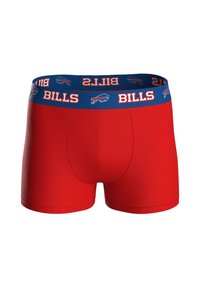 Boxer rossi con cintura blu con la scritta "BILLS" e un logo di bufalo. Tessuto liscio, design aderente e taglio a metà coscia.