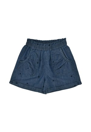 Shorts blu denim con vita elasticizzata, tasche frontali e piccoli motivi di cuori neri sparsi.
