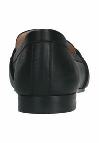 Zwarte leren platte schoen met een ronde neus en een lage hak. Gladde textuur met minimale stiksels en geen zichtbare hardware of accenten.
