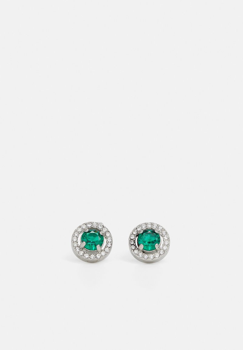 Round stud earrings with green center stones surrounded by clear rhinestones, set in metallic silver-tone hardware.