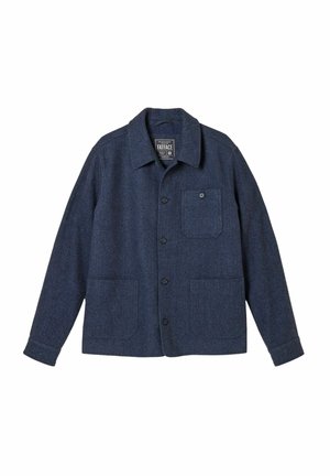 Marineblaue Jacke aus Wollmischgewebe mit Knopfleiste, Hemdkragen, zwei aufgesetzten Taschen und einer Brusttasche. Strukturierter Stoff mit dezentem Muster.
