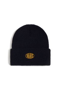Beanie a maglia blu navy con orlo piegato e logo Vans ovale giallo. Motivo rigato e testurizzato su tutta la superficie.