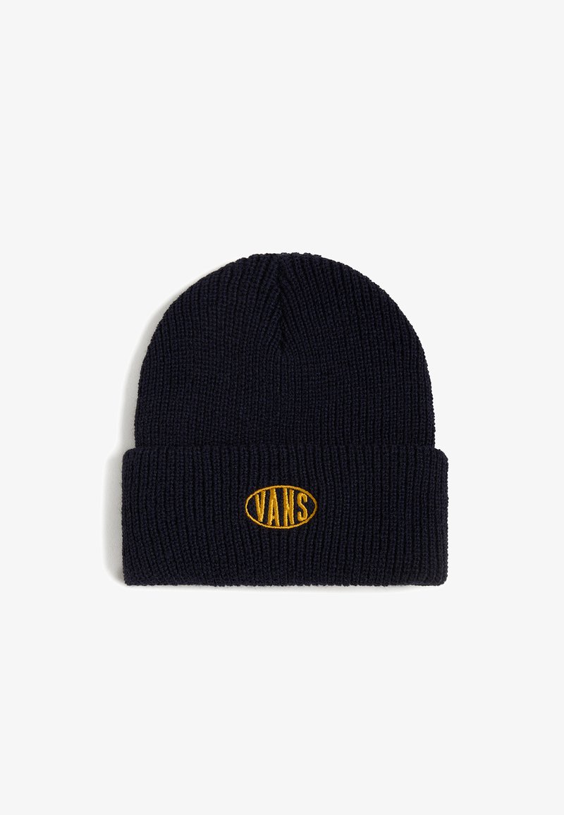 Gorro de punto azul marino con un borde plegado que presenta un logotipo ovalado de Vans en amarillo. Patrón acanalado texturizado en toda la tela.