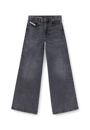 Bredde jeans i mørkegrå denim med en falmet finish, der har en forlommer, metal knappelukning og bælteløkker.