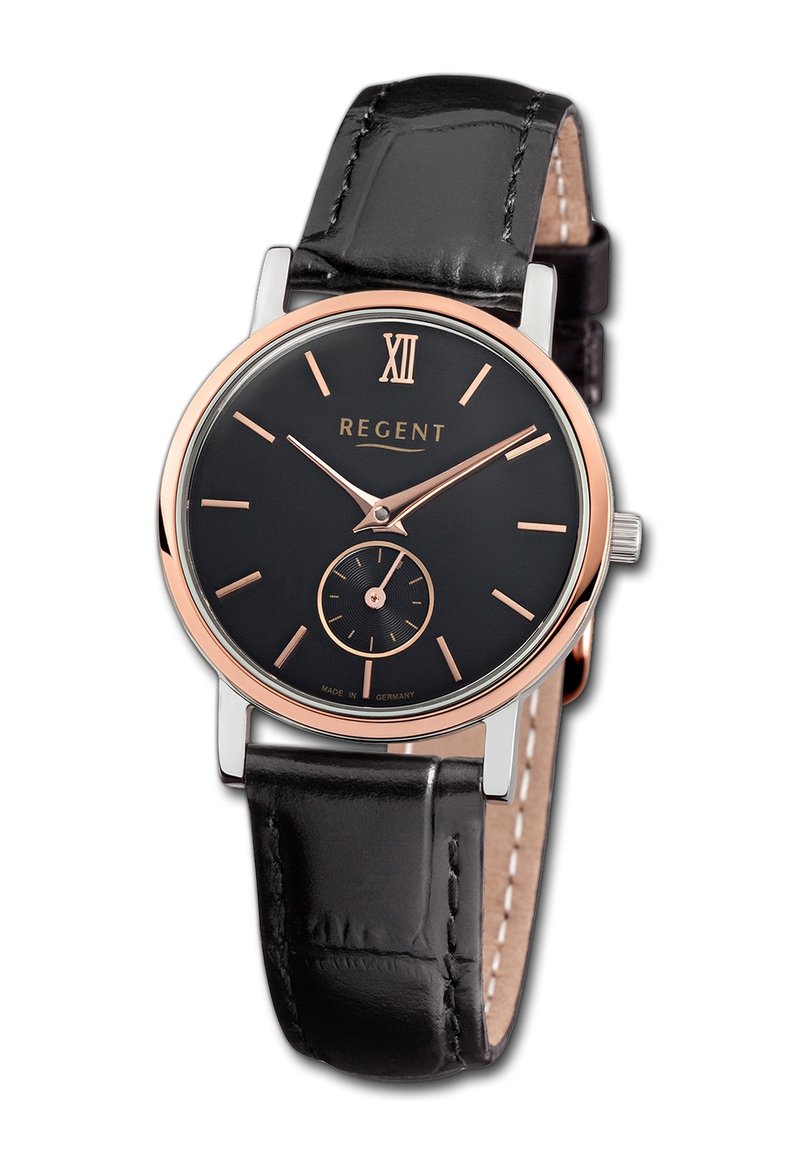 Montre à bracelet en cuir noir avec un boîtier rond en acier argenté, un cadran noir, des accents en or rose, le chiffre romain XII, et un petit sous-cadran.
