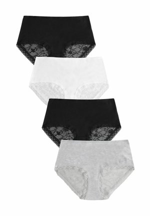 Four pairs of women's hipster underwear: black lace, white with lace trim, black cotton, and grey cotton, featuring soft materials and elastic bands.