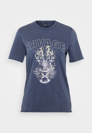 Blå bomull t-shirt med en leopardgrafik och texten "SAVAGE". Kort ärm och rundad halsdesign med en avslappnad passform.