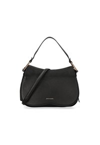 Zwarte leren schoudertas met een gebogen vorm, gestructureerd oppervlak en verstelbare schouderband. Voorzien van goudkleurige accenten en het merkembleem.