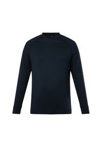 Marineblauses Langarmshirt mit Rundhalsausschnitt, Raglanärmeln und weichem, glattem Material. Verfügt über eine minimalistische Markenpräsentation auf der Vorderseite.